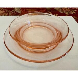 Set of 4 1930s Pink Anchor Hocking Individual Salad Bowls with Attached Saucers